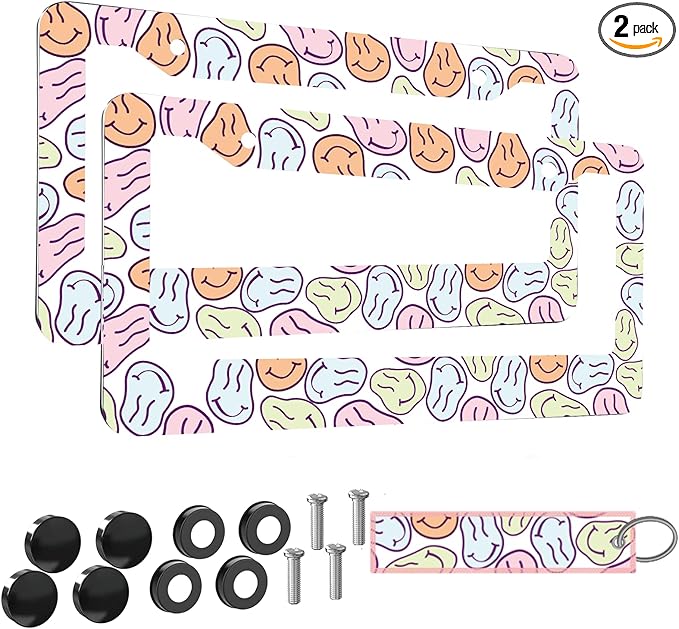 2pcs Funky Smiley face License Plate Frame for Women,Inspirational Happy face car Decorative tag Frames Girly,Vintage Smiley face License Plate Cover Holder for Vehicle with car Keychain tag