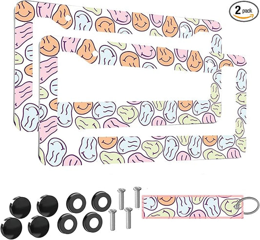 2pcs Funky Smiley face License Plate Frame for Women,Inspirational Happy face car Decorative tag Frames Girly,Vintage Smiley face License Plate Cover Holder for Vehicle with car Keychain tag