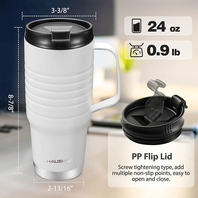 HAUSHOF 24 oz Travel Mug with Handle, Stainless Steel Vacuum Insulated Coffee Mug, Double Wall Travel Mugs with Leakproof Lid, BPA Free