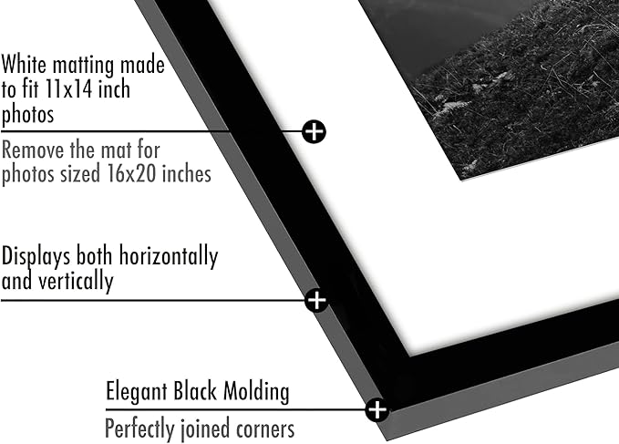 Americanflat 16x20 Picture Frame with Polished Plexiglass - Set of 5 - Use as 11x14 Frame with Mat or Display 16x20 Photo Without Mat - Galleria Collection - Picture Frames for Wall Display - Black