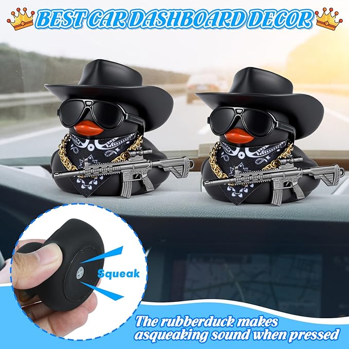BOZILY Black Cowboy Cool Rubber Duck Car Dashboard Decoration with Hat, Sunglasses, Bandana, Necklace, Gun Model& Adhesive Tapes - for Car Accessories