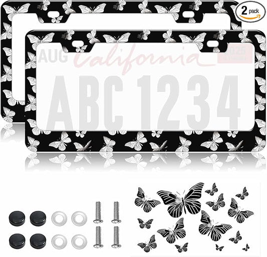 2pcs Monochrome Butterfly Mountain License Plate Frame for Women, Black White Butterflies Car Tag Frames Girly for Vehicle with Non Adhesive Electrostatic Sticker