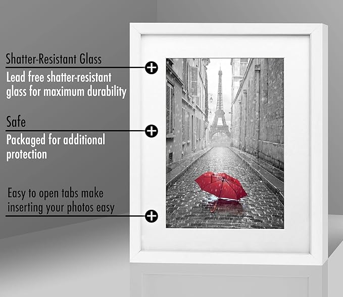 Americanflat 11x14 Picture Frame in White - Displays 8x10 With Mat and 11x14 Without Mat - Composite Wood with Shatter Resistant Glass - Horizontal and Vertical Formats for Wall