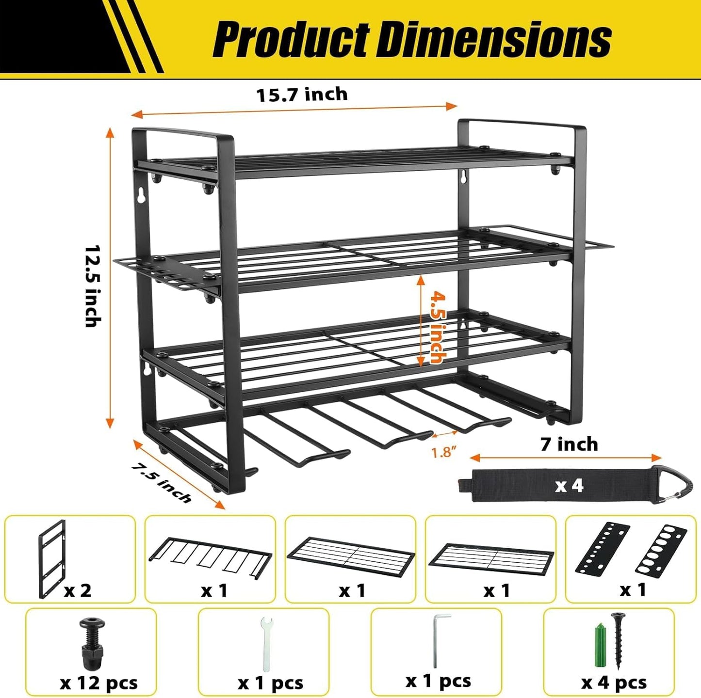 Power Tool Organizer Wall Mount, 2 Pack 4 Layers Garage Wall Shelving, 8 Drill Holder Wall Mount, Cordless Tool Organizer, Garage Storage Rack with 4 Extension Cord Holder