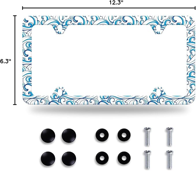 Blue Ocean Waves License Plate Frame License Plate Stainless Steel Auto Parts Colorful License Plate Funny Decorative with Screws Size 12.3" x 6.3" for Men Women