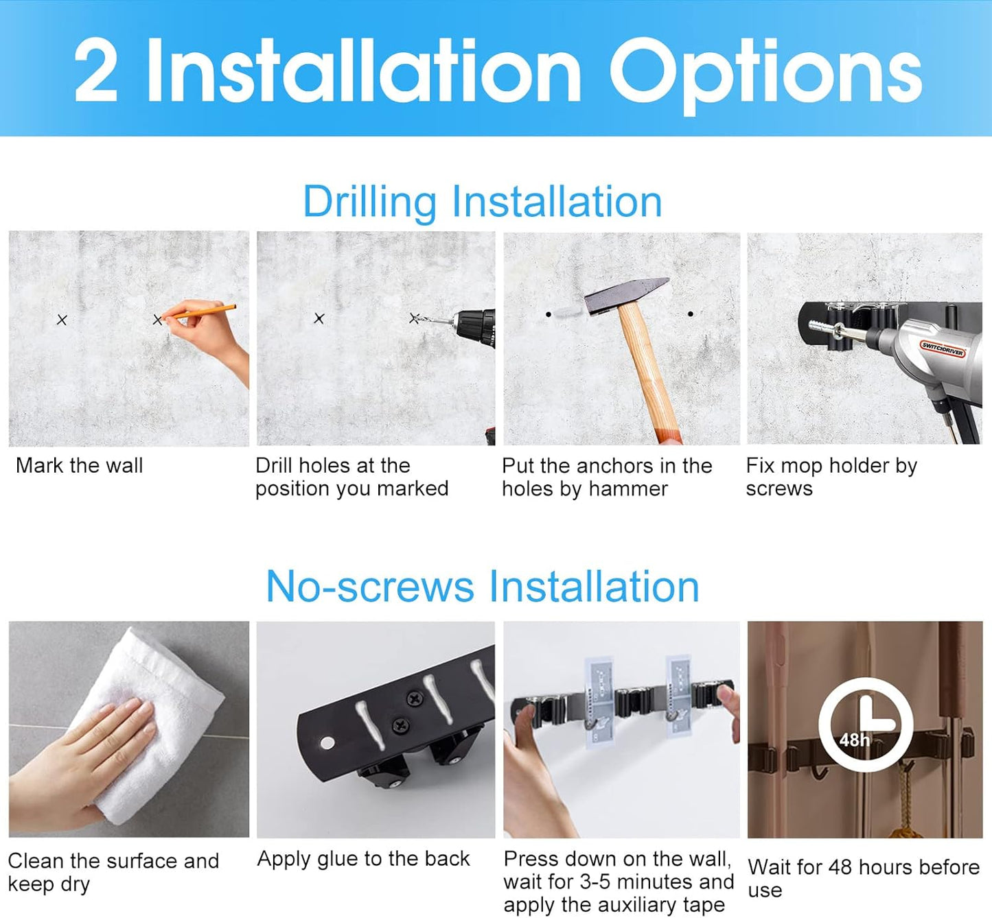 Huryfox Mop and Broom Holder Wall Mounted - Sturdy Stainless Steel Rack with Utility Hooks, 4 Racks, 3 Hooks Adjustable Design and Multiple Storage Organiser Options, Perfect for Kitchen, Laundry