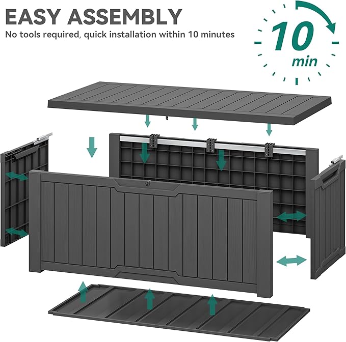 YITAHOME Outdoor Storage Box, 120 Gallon Waterproof Deck Box for Garden Tools, Patio Cushions, and Pool Accessories, Lockable, Easy Assembly, Versatile Bench or Table (Dark Gray)