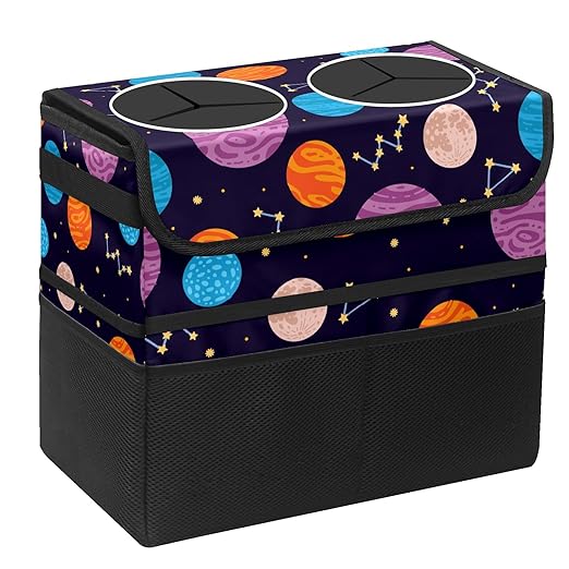 Car Trash Can Colorful Space Planet Large Storage Garbage Can with Lid Hanging for Back Seat Leakproof Automotive Vehicle Trash Bin