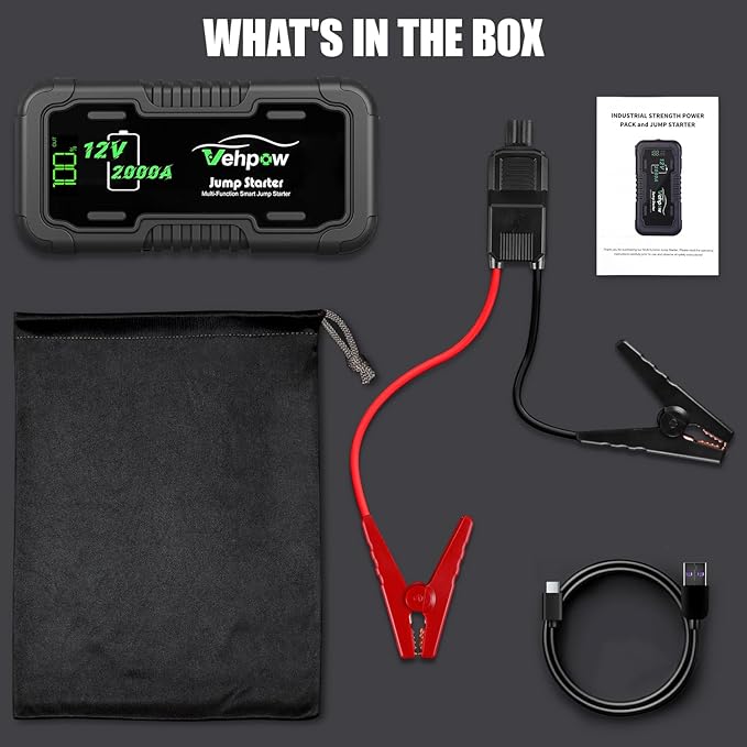 Car Battery Jump Starter, 2000A 12V Lithium Battery Booster Pack, 20000mAh Portable Jump Box, Power Bank & Emergency LED Light, Jumper Cables - for 8.0L Gas and 6.0L Diesel Engines