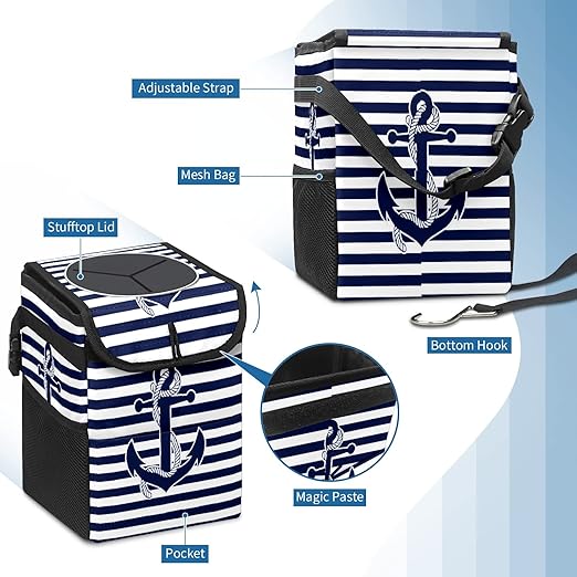 Car Trash Can Nautical Navy Blue Anchor Auto Garbage Bag Car Trash Can with Lid Leak-Proof Car Storage Bag Auto Garbage Bag Hanging for Headrest Collapsible and Portable with Storage Mesh Pocket