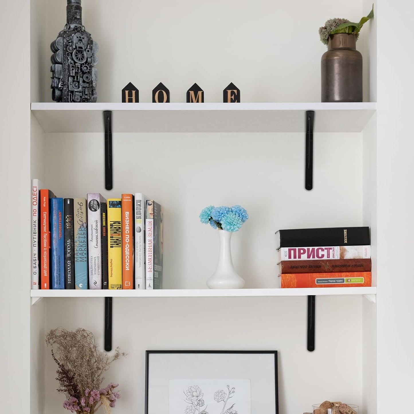 8 Pack L16 x H 10" Black Heavy Duty Shelf Brackets with Screws Metal Shelf Brackets Shelf Support Angle Brackets for Shelves L Brackets Heavy Duty Floating Shelf