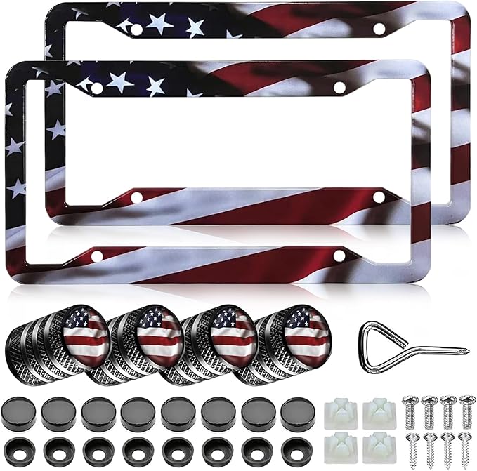 American Flag License Plate Frames - 2 Pack Front Rear Patriotic Matte Gloss Stars Stripe US Flag Stainless Steel Car Tag Frame Holder Covers with 4 Fluttering Flag Valve Stem Caps, Screws Fasteners