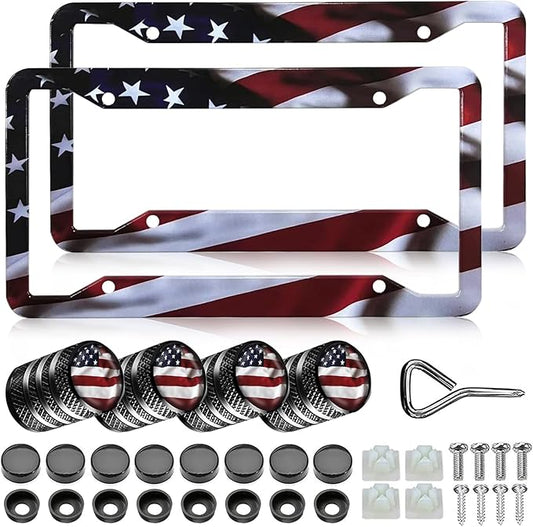 American Flag License Plate Frames - 2 Pack Front Rear Patriotic Matte Gloss Stars Stripe US Flag Stainless Steel Car Tag Frame Holder Covers with 4 Fluttering Flag Valve Stem Caps, Screws Fasteners