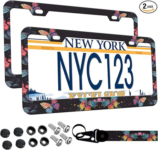 2-Pack Colorful Butterfly License Plate Frames, 2 Holes Butterflies Floral License Plate Holder for Women Man,Pink Flower License Plate Cover fits US Vehicles with Keychain Wrist Lanyard