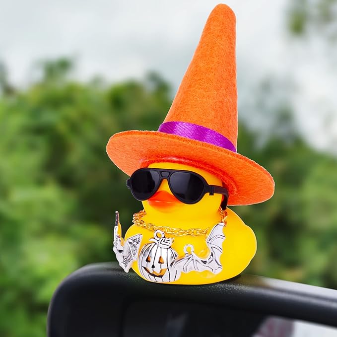 Rubber Duck Car Ornaments Yellow Duck Car Dashboard Decorations with Mini Witch Hat Sunglasses Necklace and Cute Accessories for Party Gifts(H1)