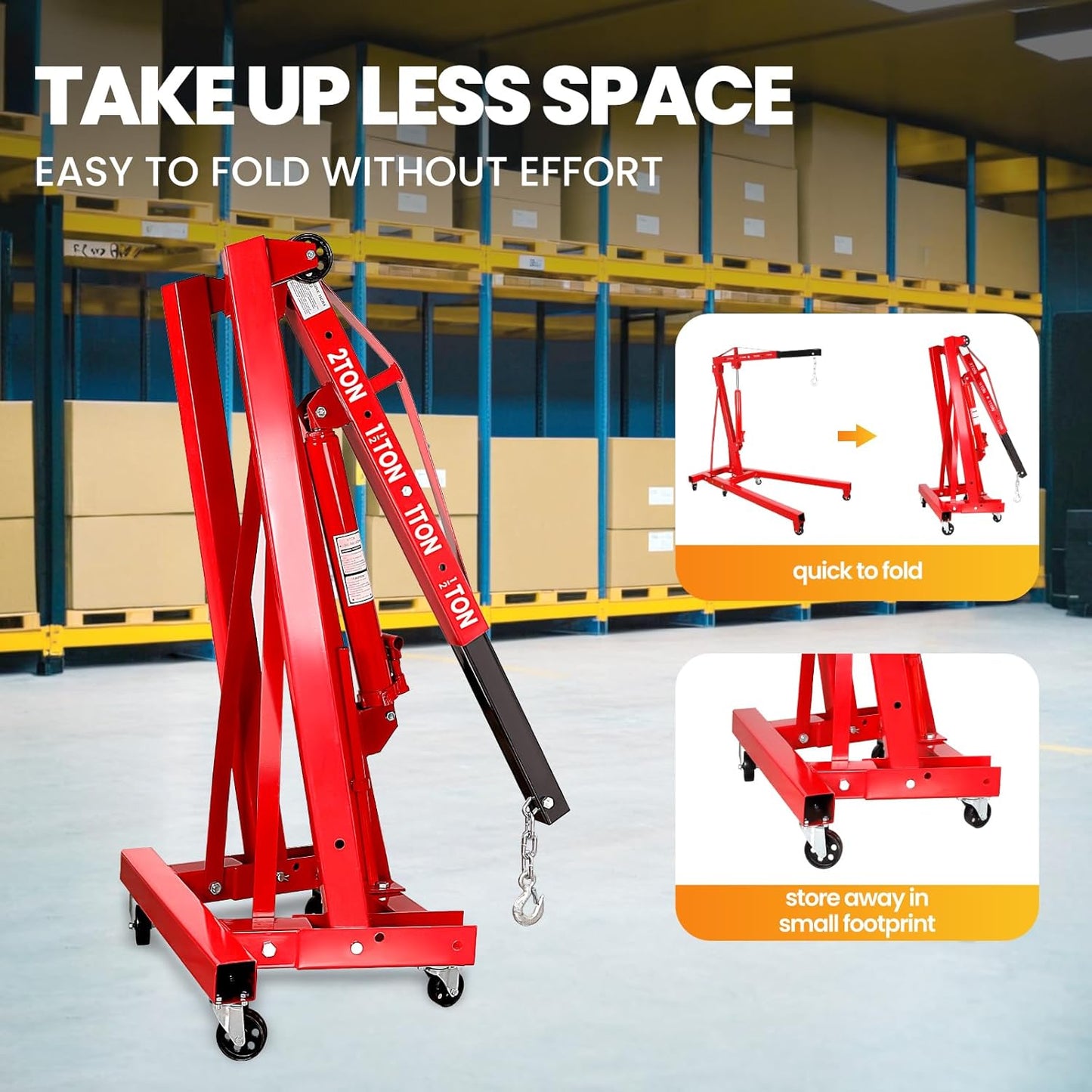 2 Ton Engine Hoist, Folding Cherry Picker Engine Hoist with Engine Leveler for Hoist and 6 Casters, Heavy Duty Hydraulic Shop Crane, Engine Crane Lifter for Workshops Garage Warehouse, Red