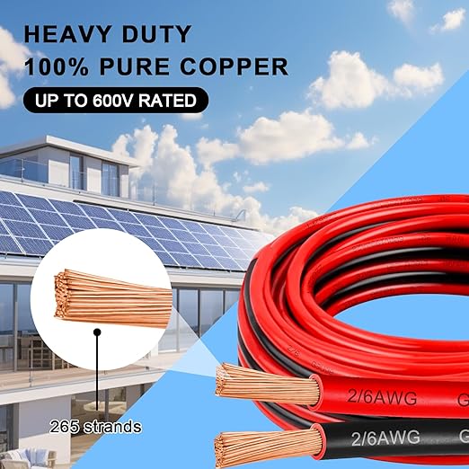 6 Gauge Wire 5 Feet, 6/2 AWG Pure Copper Wire, 6AWG 2 Conductors Red Black Oxygen Free Stranded Low Voltage Wire for Solar Panel, Automotive, Audio Auto, LED Lighting(6 AWG 5FT)