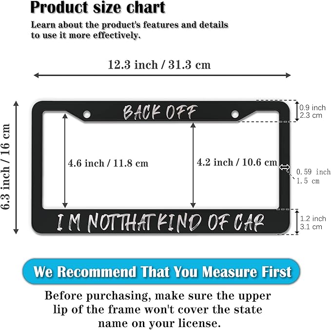 License Plate Frames Black and White License Plate Mount Back Off I’m Not That Kind of Car Aluminum Metal Car Accessory 2 Pack with Screw Covers Set