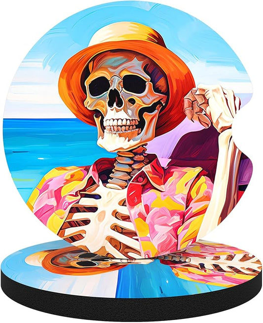Car Cup Holder Coasters, 2 Pack Universal Auto Anti Slip Insert Coaster with A Finger Notch, Cute Car Assecories for Women Men, Cup Mat for Most Interior, Beach Skull