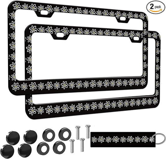 2pcs Black and White Daisy License Plate Frame for Women, Daisies Floral car Decorative tag Frames Girly, Flower License Plate Cover Holder for Vehicle with Double Sided car Keychain tag
