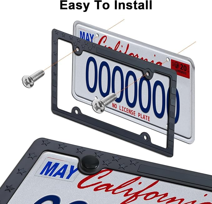 Aootf American Flag License Plate Frames- Patriotic Black USA Stars and Stripes Flag Car Tag Frame, 2 Pack 4 Hole Thin Plastic Holder for Front and Rear, Screws Caps, Auto Accessories