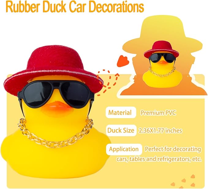 Rubber Duck Car Ornaments Duck Car Dashboard Decorations Accessories with Mini Top Hat Necklace and Sunglasses(T3)