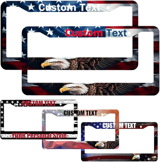 Custom License Plate Frame American USA Flag 2 Pack Personalized Add Text Black Custom License Plate Frame with Standard Us Canada Vehicles 12.3 X 6.3in