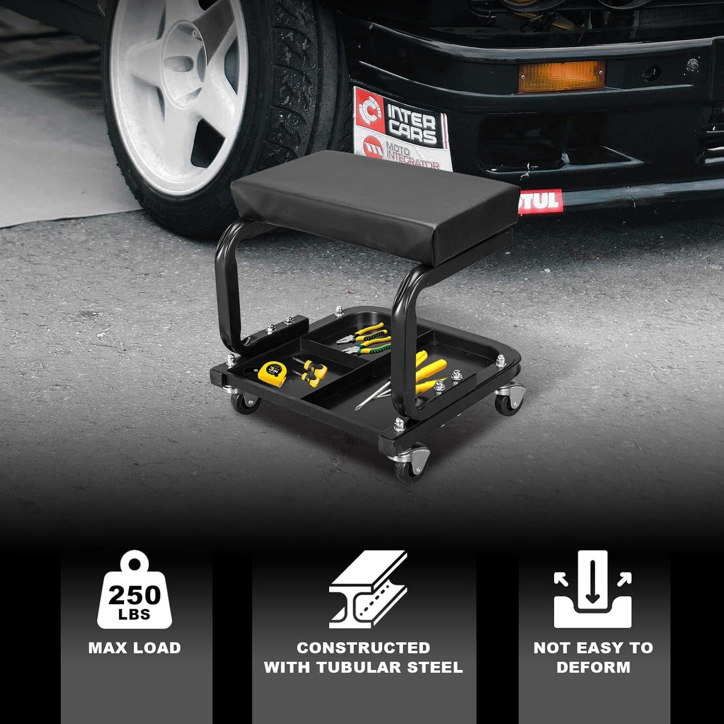 Torin ATR6300B Rolling Creeper Garage/Shop Seat: Padded Mechanic Stool with Tool Tray Storage, Black Large