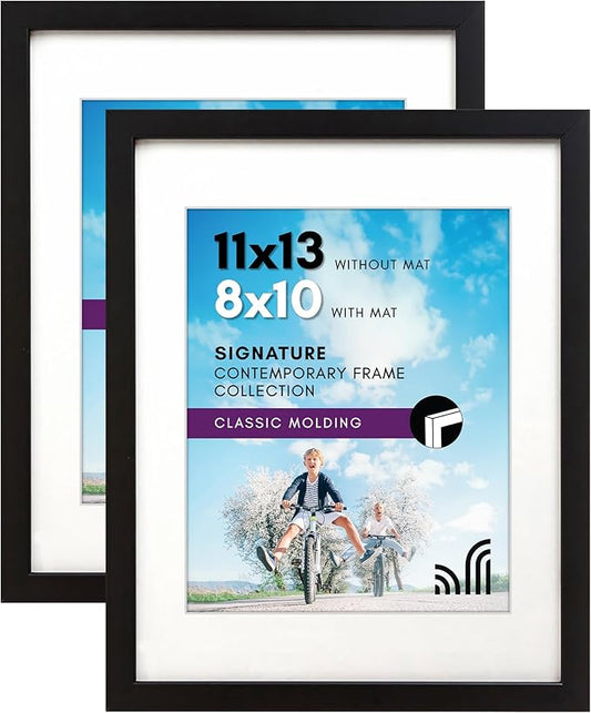 Americanflat 11x13 Picture Frame with Shatter-Resistant Glass - Set of 2 - Use as 8x10 Frame with Mat or Display 11x13 Photo Without Mat - Signature Collection - Picture Frames for Wall - Black