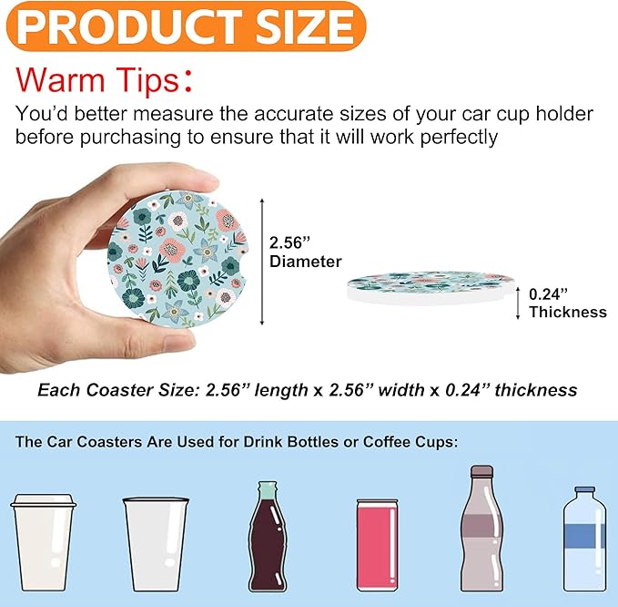 Vintage Floral Patterns Car Cup Holder Coaster, Car Coasters for Cup Holder, 2 Pack Cute Retro Flowers Anti-Slip Absorbent Ceramic Car Cup Coasters for Women Men with Finger Notch Cork Base 2.56"
