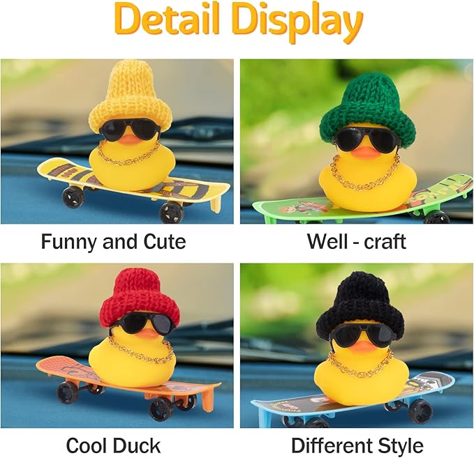 wonuu Car Duck Ornament Rubber Duck Car Dashboard Decoration for Car Dashboard Decoration Accessories with Mini Hat, Necklace, Sunglasses, Chair or Skateboard