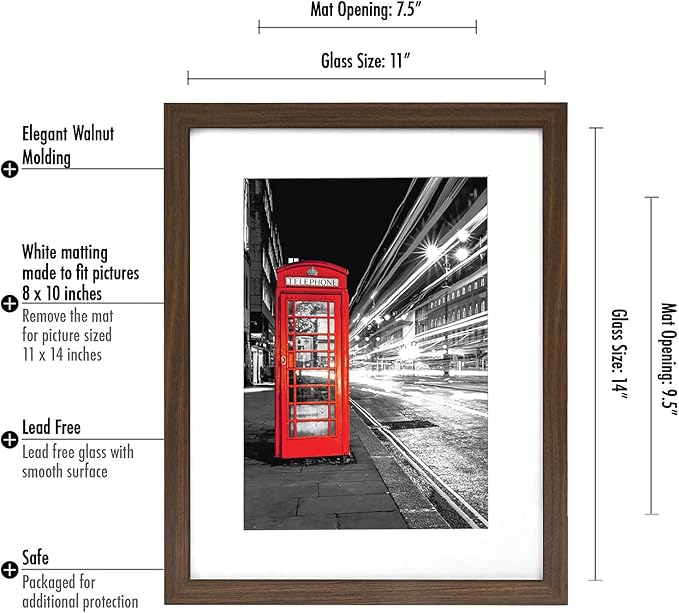 Americanflat 11x14 Picture Frame with Shatter-Resistant Glass - Set of 2 - Use as 8x10 Frame with Mat or Display 11x14 Photo Without Mat - Signature Collection - Picture Frames for Wall - Walnut