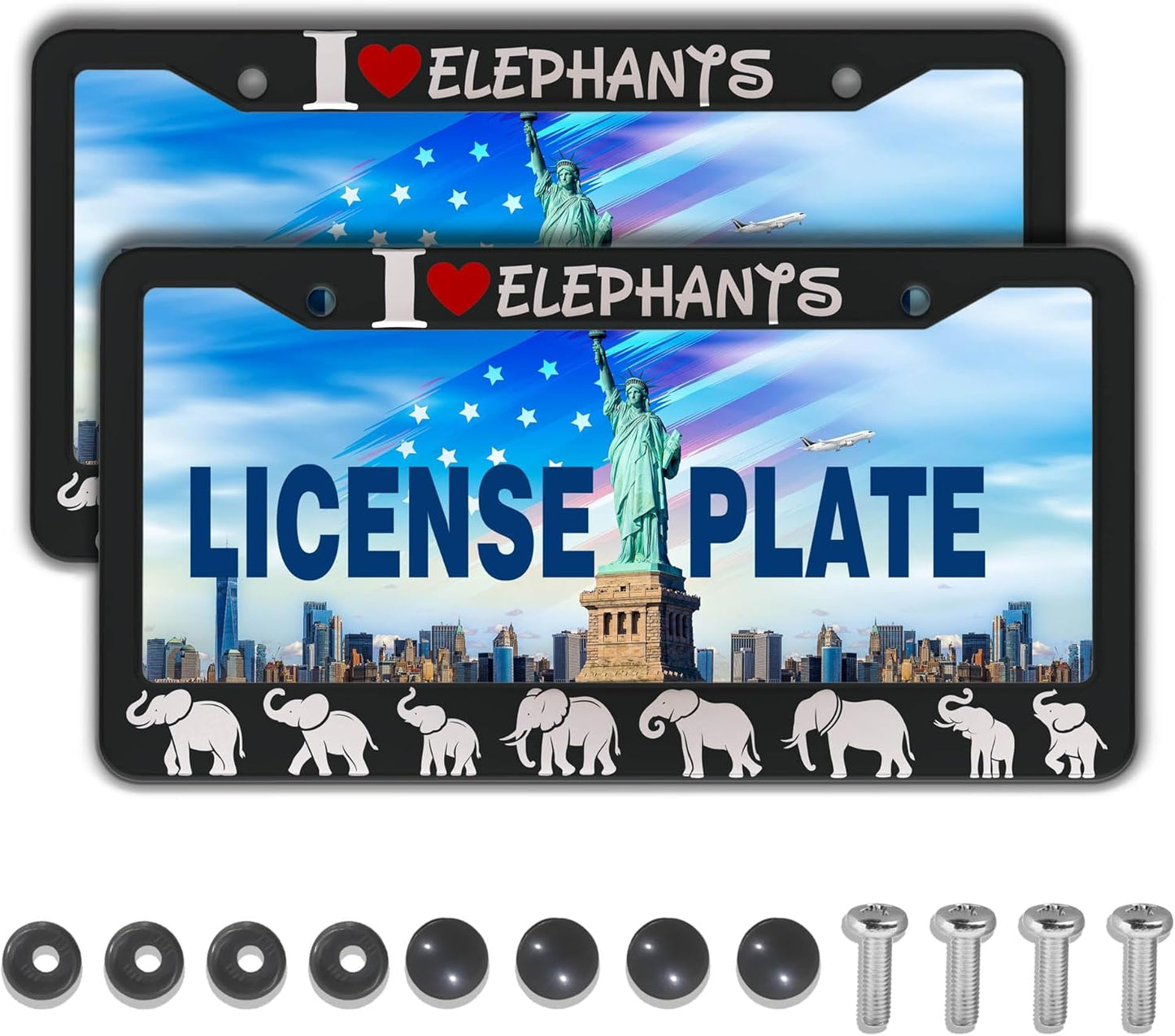 License Plate Frames Black and White Fun License Plate Frame Cover I Love Elephants Universal Aluminum Car Accessory 2 Pack with Screw Covers Set