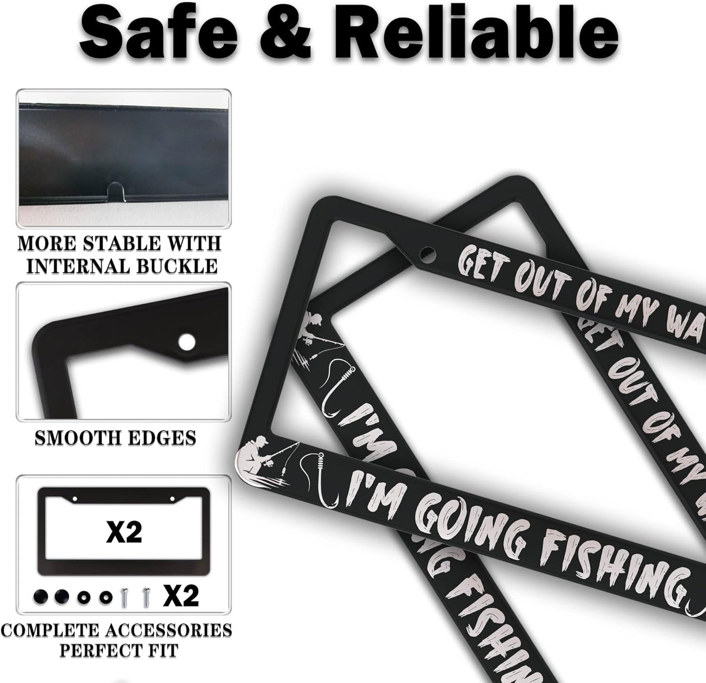 Car License Plate Frame Black and White License Plate Frames Get Out of My Way I'm Going Fish Aluminum Metal Car Accessory 2 Pack with Screw Covers Set