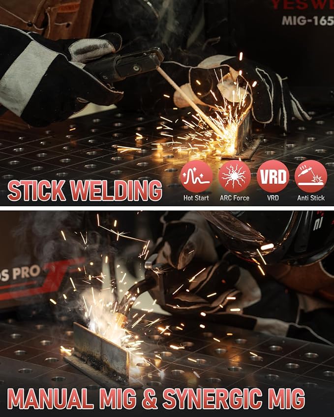 YESWELDER 165A MIG Welder, Flux Core MIG/Gas MIG/Lift TIG/Stick 4 in 1 Multi-process Welding Machine, LED Digital Display Synergic Control 110V/220V Dual Voltage MIG-165DS PRO