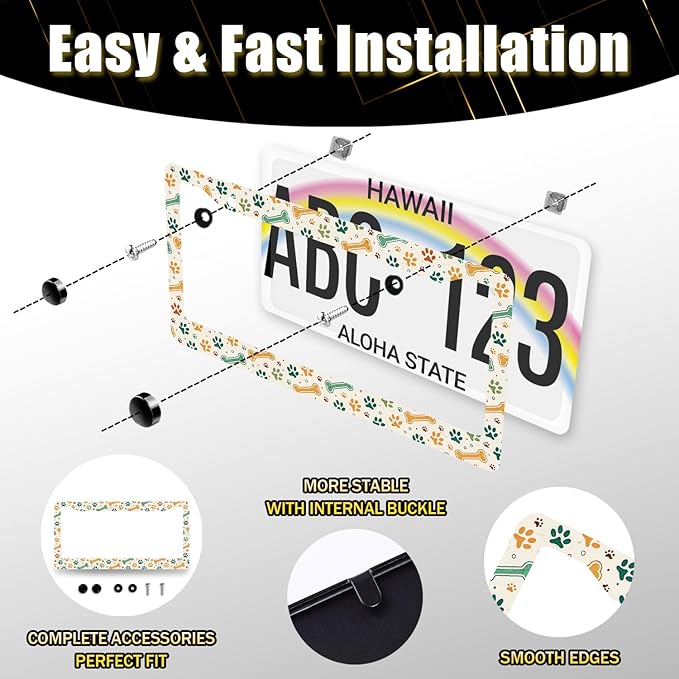 Dog Paw License Plate Frame Animals Paws and Bone License Plate Holder Dogs Funny Auto Parts Stainless Steel Universal Cars Decoration for Men Women 12.2" x 6.2"