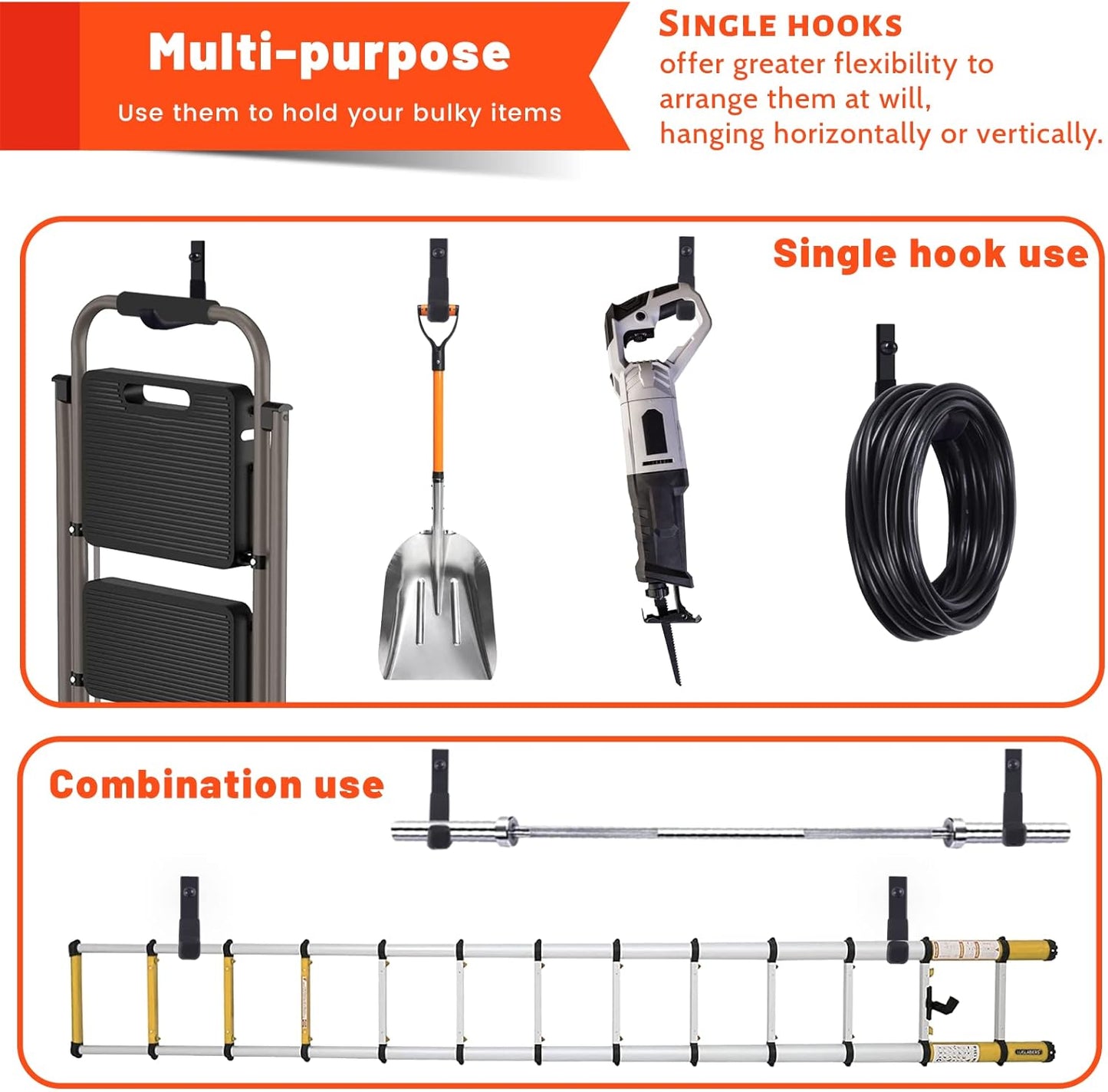 4 Pack Garage Storage Hooks, Ladder Hangers, Steel Wall Mount Hooks, Utility Hooks for Hanging Heavy Duty Shed Tools, Ropes, Garden Hoses, Shovel, Bulk Items, etc.（88lbs, 4Inch）