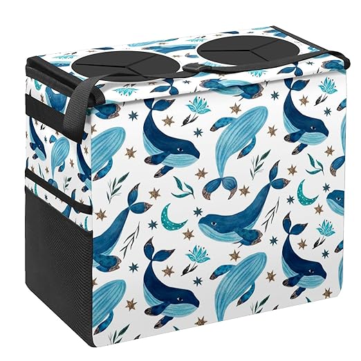 Car Trash Can Vintage Blue Whale Stars Large Storage Garbage Can with Lid Hanging for Back Seat Leakproof Automotive Vehicle Trash Bin