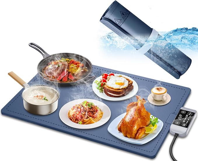 Waterproof Electric Food Warming Mat, Food Grade Silicone Warming Tray with 17 Temp Setting and 6 Hours Timer, Full Surface Heating Mat, Roll Up Food Warmers for Parties Buffet (Navy Blue)