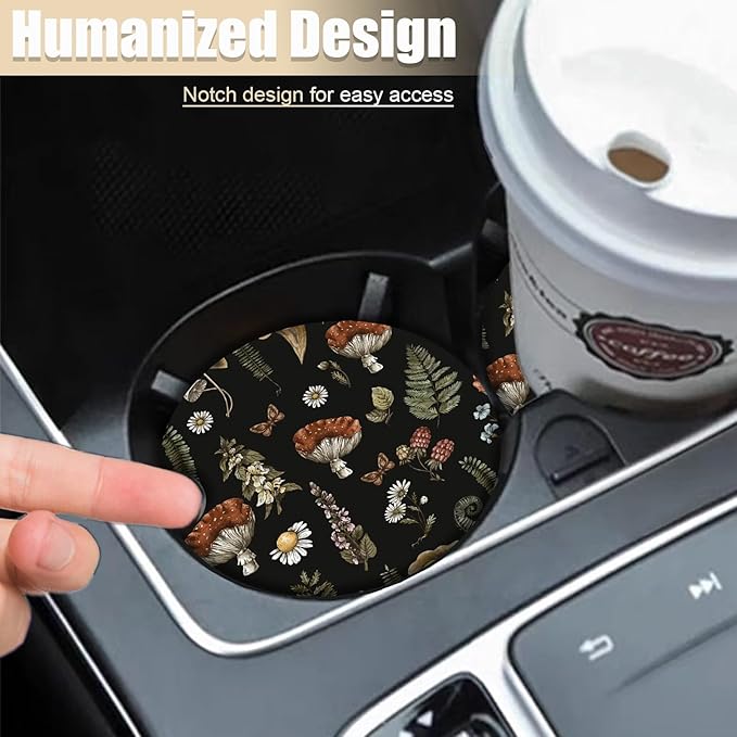 2 Pack Black Mushroom Coasters for Cup Holders, Ceramic Car Cup Holder Coaster for Car, Absorbent Car Cup Coasters with Cork Base Car Interior Accessories for Women Men
