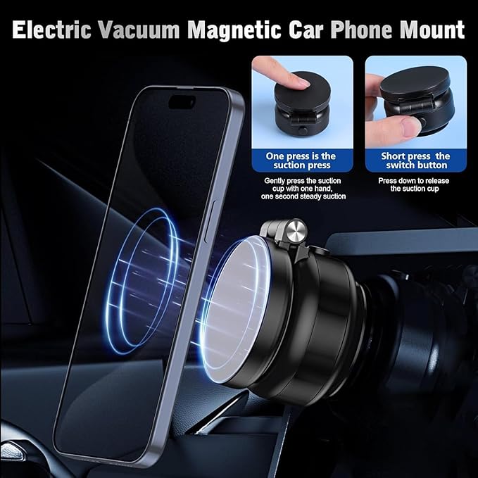 Electric Vacuum Magnetic Suction Phone Holder,Adjustable Suction Cup Phone Mount for Car,Foldable Smart Double-Sided Magnetics Phone Holders,Strong Magnetic Car Phone Holder for All Types (Black)