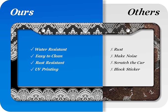 2PCS Black & White Lace Pattern License Plate Frames for Men Women - Universal Aluminum Stainless Steel Personalized Car Tag Covers Holder with Screws, Caps, Rattle Proof Pads and Handlebar Stickers