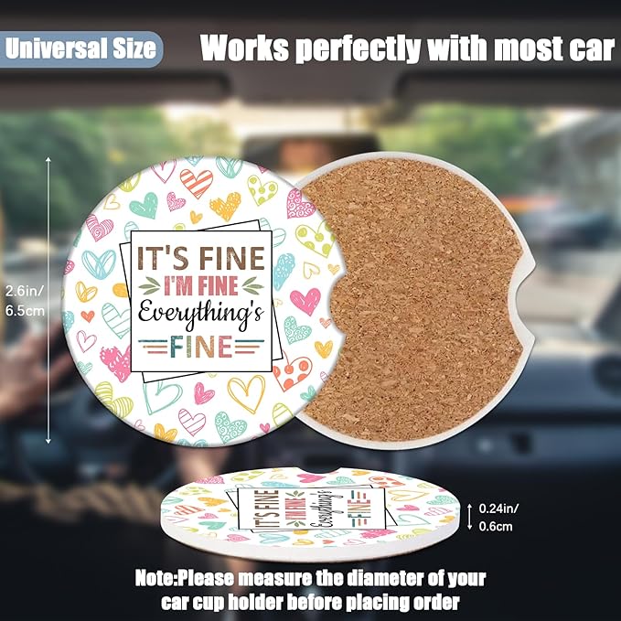 I'm Fine Car Cup Holder Coaster - Colorful Heart Absorbent Ceramic Coaster, Car Coasters for Cup Holders, Auto Accessories for Women & Men, Pack of 2