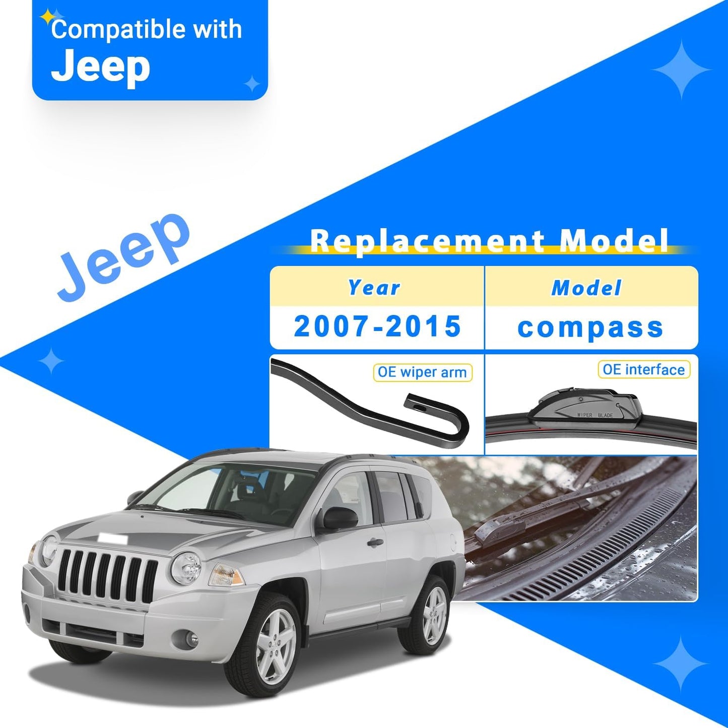 Windshield Wiper Blade Set Replacement for 2007-2016 Jeep Compass Original Equipment Replacement Front Rear Wiper Blades-22"/20"/11" (Set of 3) U/J Hook