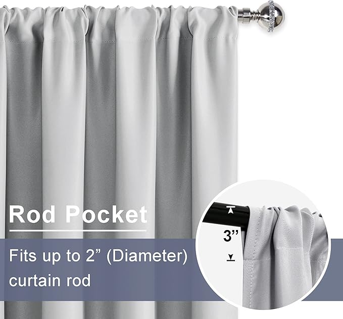 JIUZHEN Thermal Insulated Blackout Curtains with Tiebacks, Energy Saving Room Darkening Curtains, Rod Pocket Curtains for Bedroom Living Room, 42 x 84 Inch Length, Silver Grey