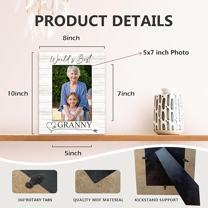 Granny Gifts Picture Frame 5x7, Grandma Photo Frame, Christmas Mothers Day Birthday Gifts for Grannys from Grandkids, World's Best Granny Wooden Picture Photo Frames for Desk Home Room Decor