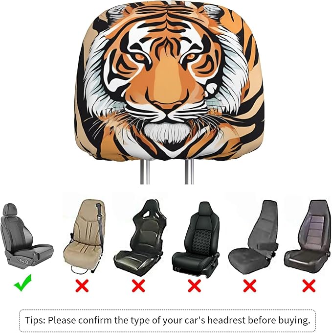 Dujiea 2 Pack Tiger Animal Print Car Headrest Covers, Universal Soft Car Seat Head Rest Protector, Vehicle Accessories Fabric Headrest Cover for Cars Vans Trucks