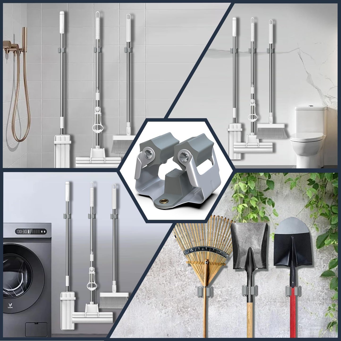 3-H 12 Pack Mop and Broom Holder Big Size Hanging 1 KG Extra,Broom Hanger Wall Mount for Hanging and Organizing Shove Rake Yard Tools in Shed Kitchen Laundry Room Bathroom Garden(grey)