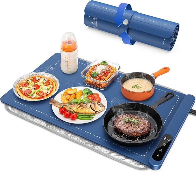 Warming Mat for Food, Silicone Heating Mat with 6 Temperature Levels, Fast Full Surface Heating, Portable Roll Up Electric Warming Tray with Heat-Resistant Pad, Heat Pad for Buffet Parties, Blue
