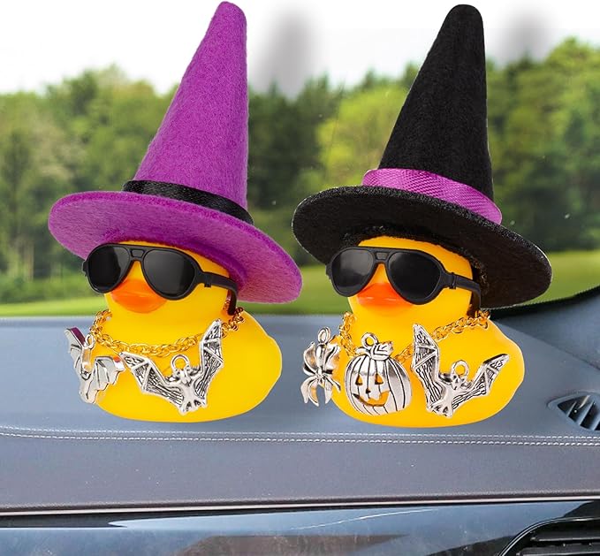 Rubber Duck Car Ornaments Yellow Duck Car Dashboard Decorations with Mini Witch Hat Sunglasses Necklace and Cute Accessories for Party Gifts(H2)